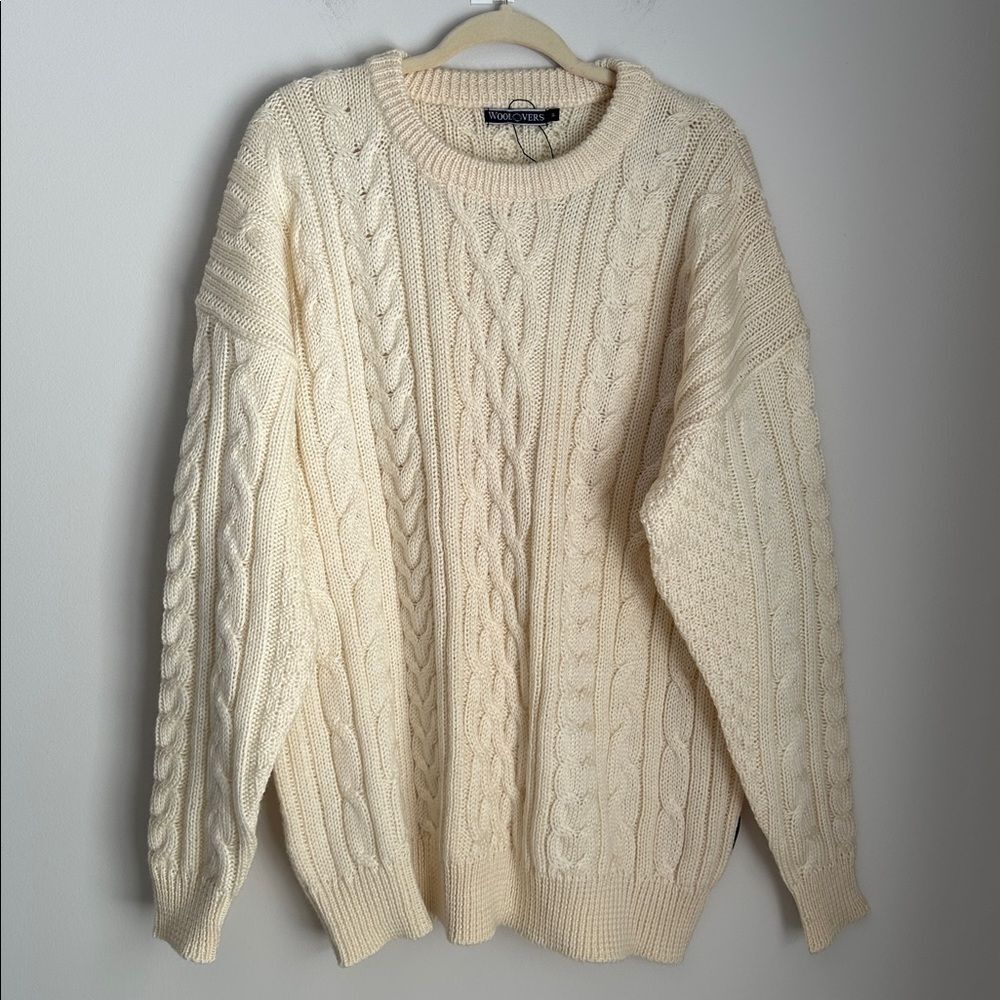 WoolOvers Men’s XL Fisherman Cable Knit Wool Sweater Cream Ivory Aran Pullover - Picture 2 of 13